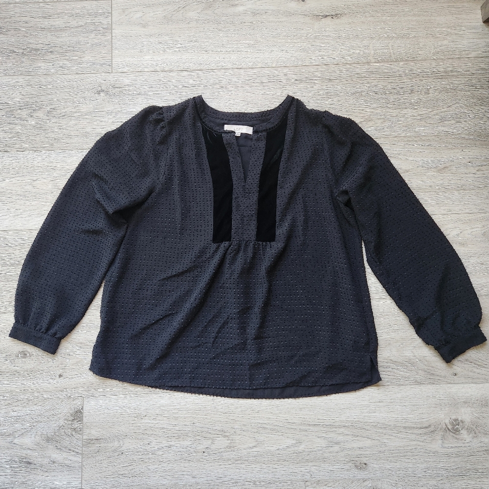 Loft Black Swiss Dot Shirt Womens Large Velvet Trim Long Sleeve Top